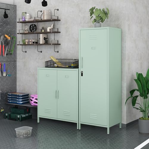 Epochsteele Metal Locker Storage Cabinets Lockable Single File Storage Cabinet with Door and Removable Shelves Kids Locker for School Gym Pantry Kitchen (Green)