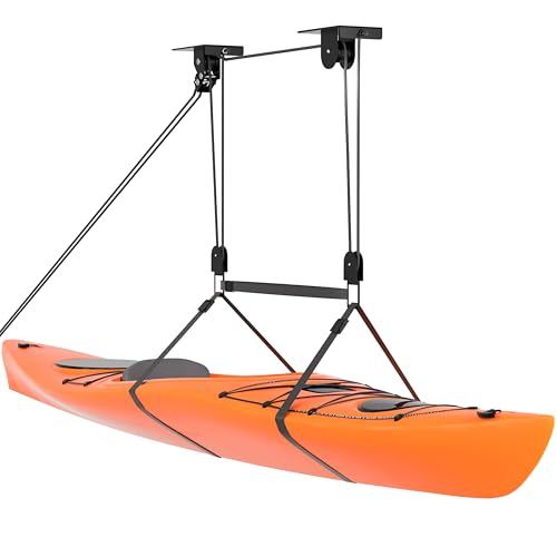 TRUSOON Kayak Hoist Pulley System for Garage, Durable Nylon Rope Ceiling Lift for 10-18 FT, Overhead Storage Rack for Canoe, Holds 150 LBS, Black