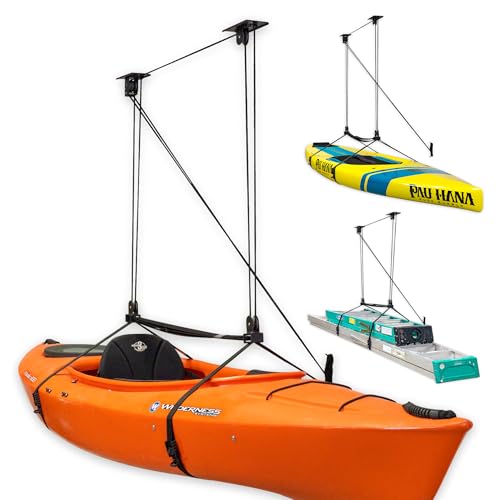 StoreYourBoard Kayak and Canoe Ceiling Hoist – Overhead Garage Storage Rack for Kayaks, Canoes, and Paddle Gear – Heavy Duty Pulley System Indoor Ceiling Mount – Holds 150 lbs, 10 to 14 ft High Spaces