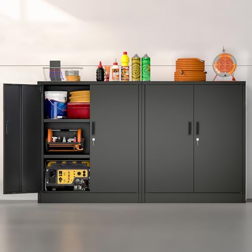 Wanfu Metal Storage Cabinet, 36" H Locking Storage Cabinet with 2 Adjustable Shelves, Metal Cabinets for Garage, Home, Office, Utility Room-Black