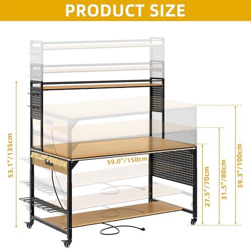 DWVO 59"x31" Adjustable Height Workbench with Pegboard and Storage Shelf, Heavy Duty Work Bench with Wheels, Load 1100lb, Work Table with AC/USB Outlet, LED Light, Hooks, for Garage, Workshop, Home