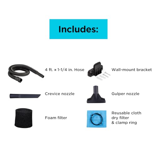 BLACK+DECKER Shop Vacuum Wet and Dry, Small Shop Vac with Accessories, 1 Gallon 1.5 Peak HP, Wall Mount Mini Vacuum for Garage, Home and Pet, 60CFM (BDXV18101P-1H)