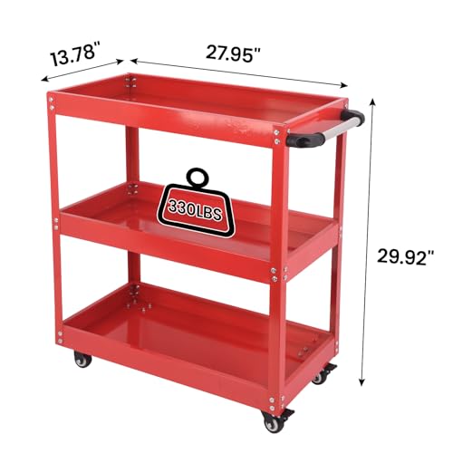 DEGEDUN 3-Tier Utility Cart, 330 Lbs Load Capacity, Heavy Duty Rolling Tool Cart with Wheels, Red Steel Service Cart for Workshop and Garage Storage