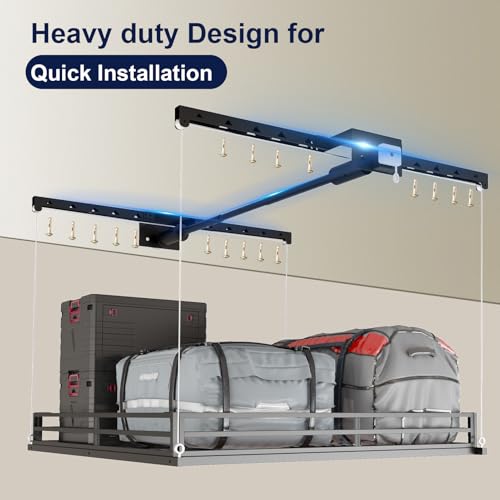 LoJok Garage Ceiling Storage Lift, Manual Overhead Hoist Rack with 5" Safety Railing, 4x4 Ft Heavy Duty Metal Platform, 300 lbs Capacity, Includes Dust Cover & Straps, Black (Triangular Style)