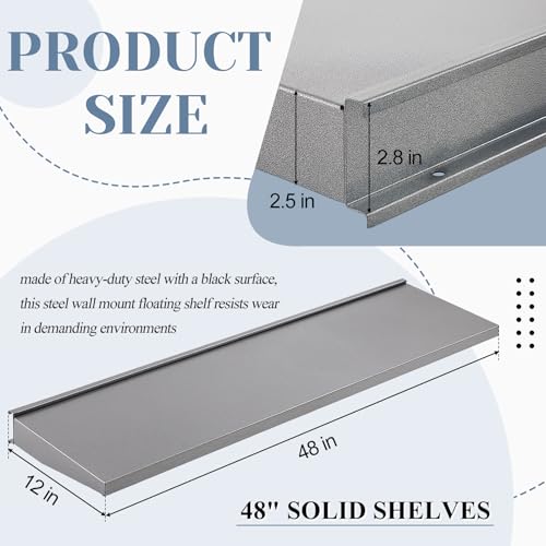 DoubleFill 1 Pack 48 x 12 Inches Heavy Duty Solid Shelf Steel Wall Mount Floating Shelf Holds 50 Lbs for Storing Seeds, Fertilizer, Garden Tools, General Supplies (Black)