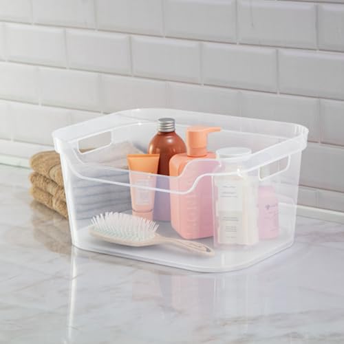 Sterilite 7 x 11 x 14.25 Inch Polished Open Scoop Front Storage Bin with Comfortable Carry Through Handles for Household Organization, Clear (12 Pack)