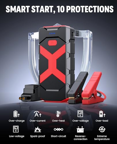 BOOKOO A9 Jump Starter 4000A for Car,Boat,Lawnmower 12L Gas&10L Diesel Engines Portable 12V Car Battery Jump Starter with Jumper Cables,Quick Charging USB Ports and USB C,3 LED Modes and Storage Box