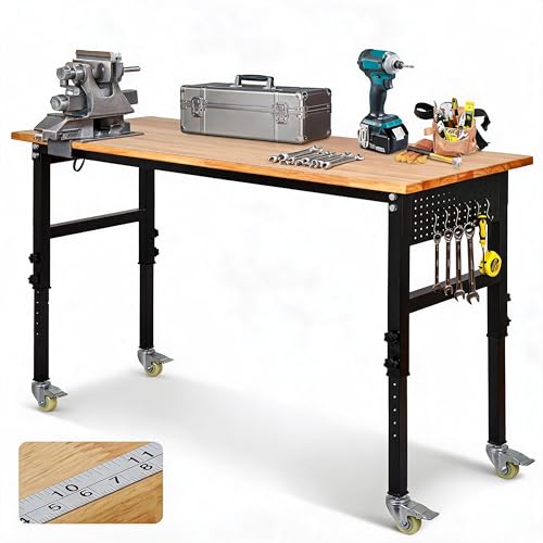 48" Adjustable Workbench, 8-Level Height Adjustable Rolling Work Table with Casters & Scale, Sit & Stand 2-in-1 Garage Tool Table with Pegboard & Hooks, for Workshop, Warehouse, DIY Projects