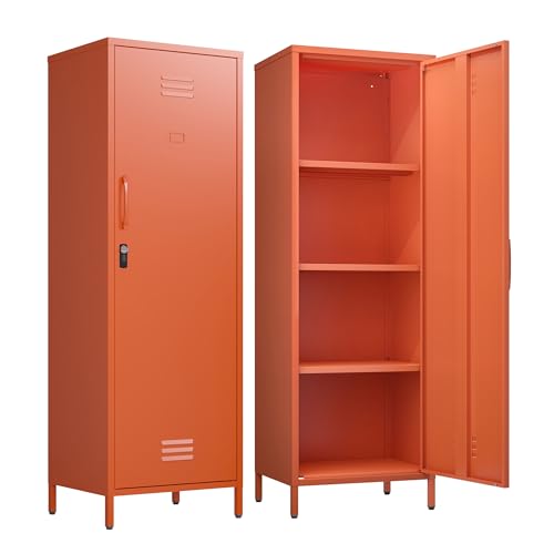 Metal Locker Storage Cabinets 59.06"H Orange Locking File Cabinets Kitchen Food Pantry Cabinet with 2 Doors and Shelves for Dining Room, Living Room,Bathroom Office,Home,Garage, Gym, School