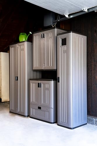 Suncast Tall Storage Locker for Garage Organization - 72" Lockable Organizer with Shelving for Garden Supplies, Paint Cans & Outdoor Tools, Multi-Wall Resin Construction, Platinum