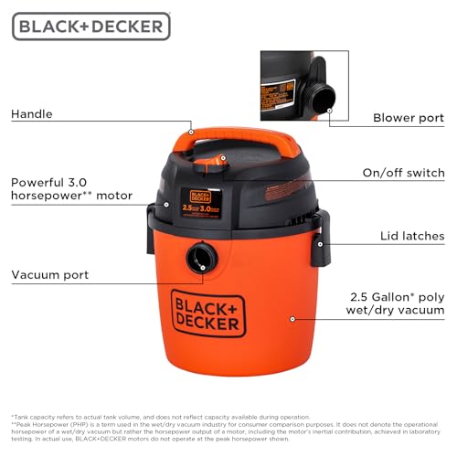 BLACK+DECKER 2.5 Gallon Shop Vac, 3 HP Wet Dry Vacuum with Powerful Suction, Portable for Garage Car and Home Use, Pet Hair Cleaning, Accessories Included, BDXV18134PA