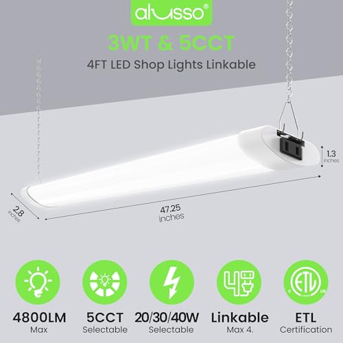 ALUSSO® LED Shop Lights 4FT for Garage, 4800LM Adjustable 20W/30W/40W, 5CCT 2700K 3000K 4000K 5000K 6500K, 120V, Warm to Cool Daylight Linkable Shop Lights for Workshop, ETL, 2 Pack