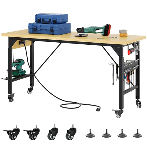 DWVO 60" Adjustable Workbench on Wheels, Garage Tool Work Bench with Outlets & Wheels, Heavy-Duty 1600 LBS Load Capacity Work Table for Workshop, Office, Home, or Outdoor Use
