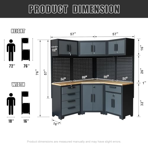 HPDMC Corner Workshop Set - Garage Cabinets and Storage System with Corner Cabinet, Cabinet Drawers, Workbench, Pegboard for Tool Organization - Black and Grey