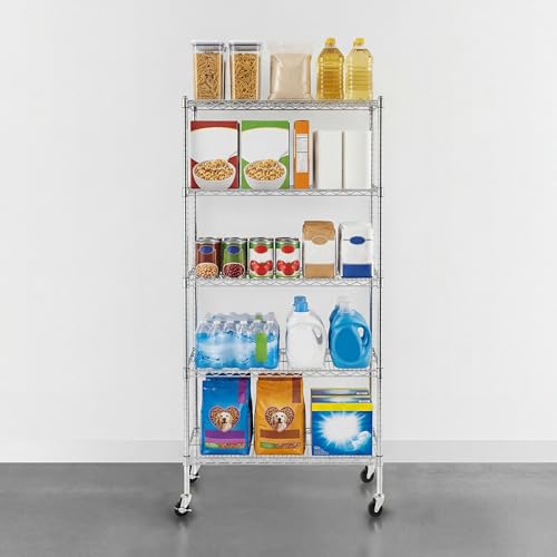 SafeRacks - NSF Certified Storage Shelves, Zinc, Heavy Duty Steel Wire Unit with Wheels and Adjustable Feet, Garage or Bakers Rack, Kitchen, Pantry Shelf - (18"x36"x72" 5-Tier) (Silver)