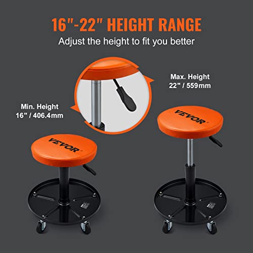 VEVOR Mechanic Stool, 250 LBS Rolling Pneumatic Creeper Garage/Shop Seat, Adjustable Height 16-22 inch in Padded Rolling Workshop Stool with Tool Tray, for Garage, Shop, Auto Repair, Black+Orange