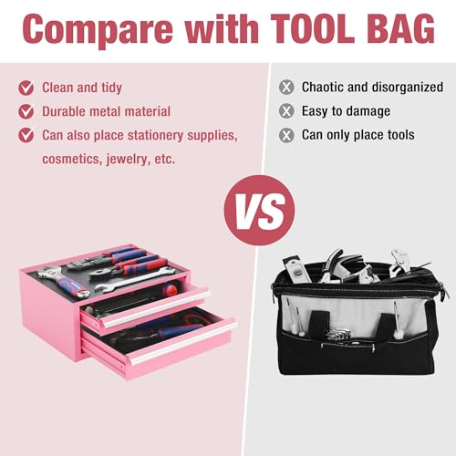 WORKPRO 12.5" Mini Tool Box with 2 Drawers & 1 Open Top Storage, Small Metal Tool Chest with PVC Liners & PP Feet Pads, Cold Rolled Steel Toolbox with Drawer Liners & Magnetic Tabs - Pink Ribbon