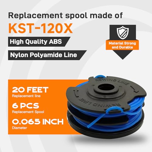 Kousika KST-120X Spool Compatible with Kobalt 40V Cordless String Trimmer KST 120X, KST 120X-06,Replacement Weed Eater String Spool Refills Autofeed Dual line 20ft 0.065" 8Pack(6 Spools, 2Cap)