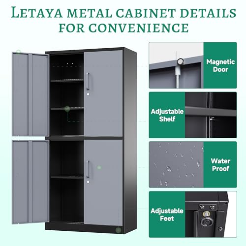 Letaya Metal Storage Cabinets with Lock Door and Shelves, Steel Garage Tool Cabinets for Home,Office, Warehouse,Lockers(71"-Black Gray)