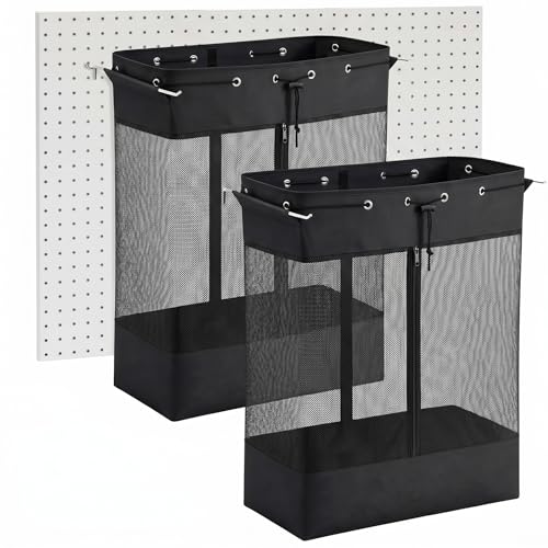 Gerrii 2 Pack Extra Large Pegboard Mesh Storage Baskets with 4 Hooks, 18 x 11 x 26 Inch Pegboard Wall Organizer Accessories with Zippered Front, Large Capacity, for Home Sport Garage Storage