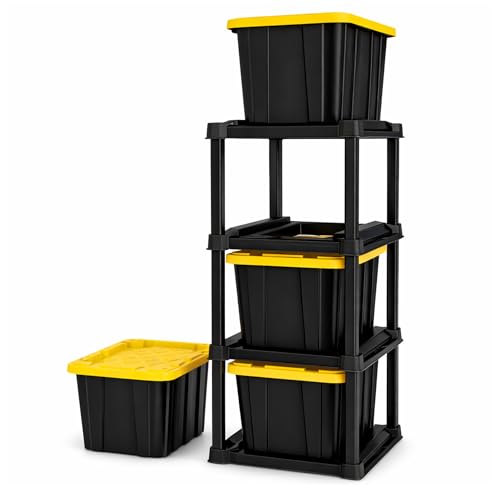 Sterilite 4 Tier Tote Rack, Vertical Plastic Organizer with 4 Pack 27 Gallon Industrial Storage Totes, Black - for Garages, Workshops, or Basements