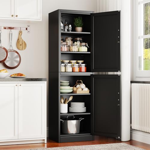 pozdeg 67" Metal Storage Cabinet with Lock, Tall Narrow Office File Cabinets with 2 Doors & 4 Adjustable Shelves, Metal Steel Locker for Home, School, Office, Garage or Gym (Black)