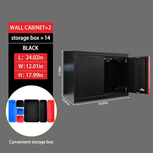 S.Walt Pre-Assembled Garage Storage Cabinet System, No Assembly Required, 6-Piece Workshop Cabinet Set in Black & Red with LED Lights, Wood Worktop, Key Locks, Adjustable Doors and Legs