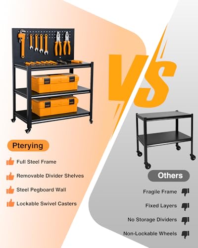 Pterying 52" Rolling Work Table, Adjustable Height Workbench with Lockable Wheels, Pegboard, Heavy Duty Mobile Work Bench for Garage, Tool Workshop, Woodworking and Mechanics