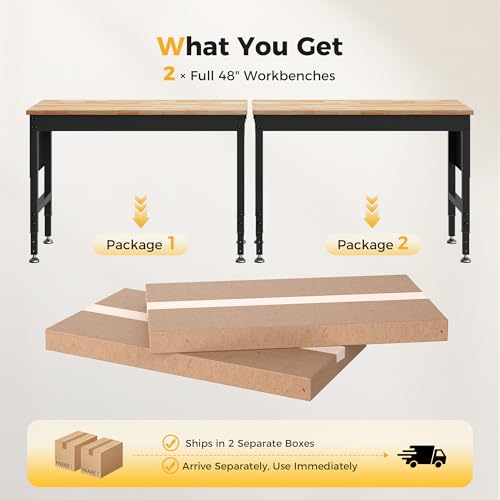 CAMMOO 96" Adjustable Heavy Duty Workbench, 2000 LBS Load Capacity Rubber Wood Work Table with Pegboard, Power Outlets, Work Bench for Garage, Workshop, Office, Home, Commercial, Ships in 2 Boxes
