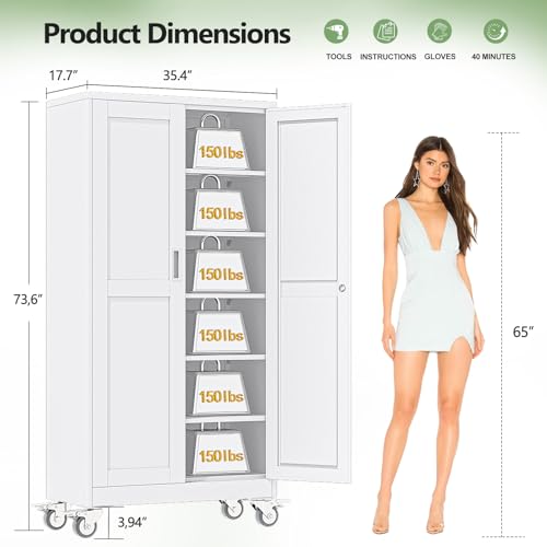 RISTERN Metal Garage Storage Cabinets and storage system, 74”Tall Rolling utility cabinet with Wheels, Lock, 5 Adjustable Shelves, Heavy Duty Steel Tool Locker for Home Office, Utility Room, Gym,White