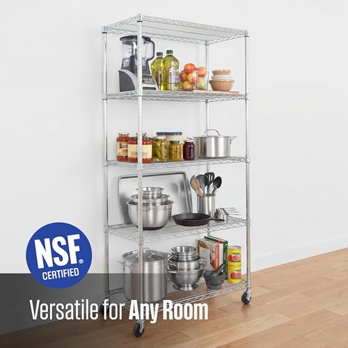 SafeRacks - NSF Certified Storage Shelves, Zinc, Heavy Duty Steel Wire Unit with Wheels and Adjustable Feet, Garage or Bakers Rack, Kitchen, Pantry Shelf - (18"x36"x72" 5-Tier) (Silver)