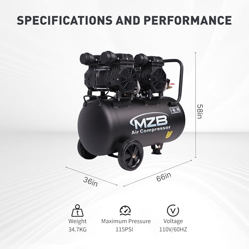 MZB 13.2 Gallon Ultra Quiet Air Compressor 115PSI Steel Tanks 70dB Noise Level Oil Free Air Compressor