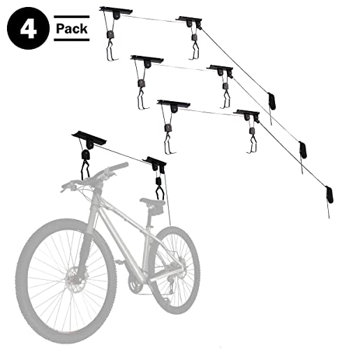 Set of 4 Bike Hangers for Garage - Hoist Pulley System with 100lb Capacity - Overhead Ceiling Storage for Bicycles or Ladders by RAD Sportz