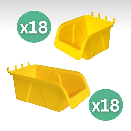 WALLPEG 36 Pack Pegboard Bin Kit – 18 Medium & 18 Large Yellow Peg Board Storage Bins | Parts Organizer for Garage, Workshop, Craft Room, Office & Workbench | Pegboard Accessory Organier | MADE IN USA