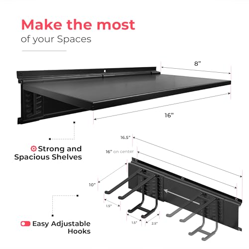 TIDYME Heavy-Duty Garage Wall Storage System | Wall Mounted Tool Organizer Rack with Shelving | 10-Piece Mounting Kit | Includes 4x10” Double-Layered Hooks & 2x16.5” Floating Utility Shelves