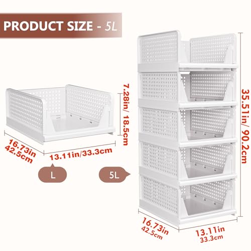 CTSNSLH 5 Pack Closet Organizers Storage Box, Closet Storage Stackable Storage Bins, Plastic Drawer Basket for Wardrobe Cupboard Kitchen Bathroom Office, White