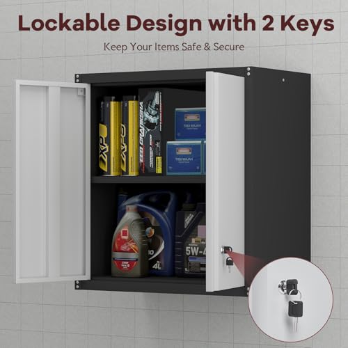 STEELIST Steel Wall Cabinet, Heavy Duty Hanging Garage Storage Cabinet with Adjustable Shelf & Locking Doors, Wall Mounted Metal Garage Cabinet for Workshop, Utility Room, Shed, Black/Grey