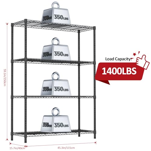 IZEUK 1400 LBS Garage Black Shelving Wide Storage Shelves 4 Tier Adjustable Heavy Duty Metal Wire Rack Standing Shelf Unit for Kitchen Office College Dorm Garage Warehouse 15.8" x 45.8"x 59.4"