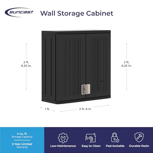Suncast Wall Storage Cabinet for Garage Organization - 4 Cu. Ft. Wall Mounted Garage Cabinet with Shelf for Garden Supplies, Paint Cans & Outdoor Tools, Multi-Wall Resin Construction, Black