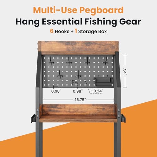 KITIVIALA Fishing Rod Holder for Garage with Hooks & Pegboard, 3-Tier Fishing Pole Rack Holds 12 Rods, Rolling Fishing Rod Storage Organizer with Wooden Tool Box, Fishing Tackle Shelf for Anglers