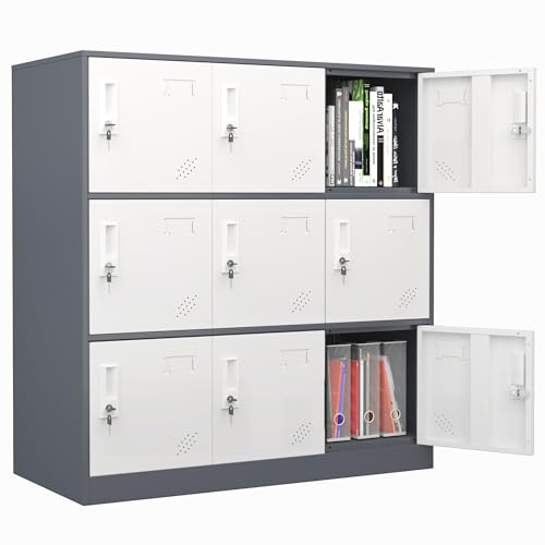 WISUNO 9 Doors Metal Lockers for Employees, Steel Storage Locker with Lock and Card Slot,Lockable Office Metal Storage for School Office Gym Bedroom,Garage(Gray)