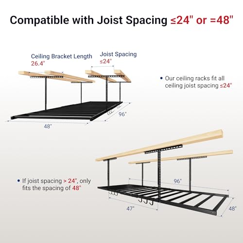 FLEXIMOUNTS 4x8 Overhead Garage Storage Rack with 6 Hooks, Adjustable Storage Organization System, Heavy-Duty Metal Ceiling Racks, 22.6" -39.4" Ceiling Dropdown, Black, Lite Series