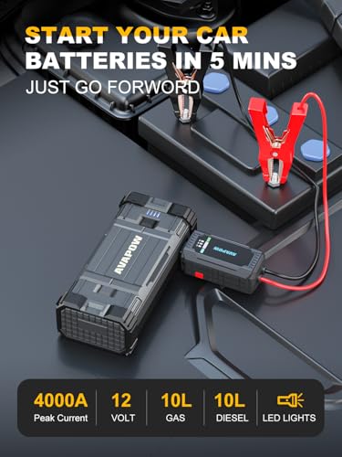 AVAPOW Car Jump Starter, 4000A Peak Battery (for All Gas or Up to 10L Diesel), Portable Booster Power Pack, 12V Auto Jump Box with LED Light, USB Quick Charge 3.0