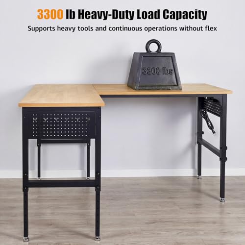 70"x47" L-Shaped Heavy Duty Work Bench, 3300 LBS Load Capacity Heights Adjustable Workbench, Work Benches for Garage with Power Outlet & Pegboard, Rubber Wood Work Table for Office, Workshop, Home