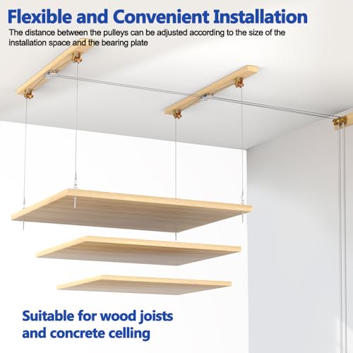 TooTaci Overhead Garage Storage Lift with 3/16 Steel Cable, Heavy Duty Ceiling Mounted Garage Storage Lift System for Organization, 300lbs Weight, Supports 8-16ft Ceilings (Deck and Winch Not Includ)