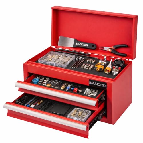 Mini Tool Box - Metal Tool Chest with 2 Drawers & PVC Drawer Liners for Workbench or Desk, Powder-Coated Steel Small Toolbox - Multi-Purpose Storage for Machinists Tools, DIY, 3D Printer Parts - Red