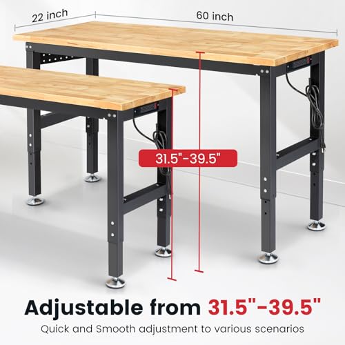ENJOYWOOD 60" Adjustable Workbench, 1.2" Rubber Wood Top Heavy Duty Workstation, 2500 LBS Load Capacity Hardwood Work Table with Power Outlets & Pegboard, for Garage, Workshop & Home