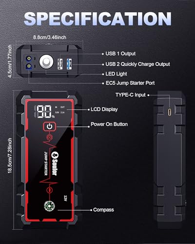 Jump Starter, Battery Jumper Starter Portable, Car Battery Jump Starter with 3 Modes Flashlight, Compass, Power Bank and Jumper Cable