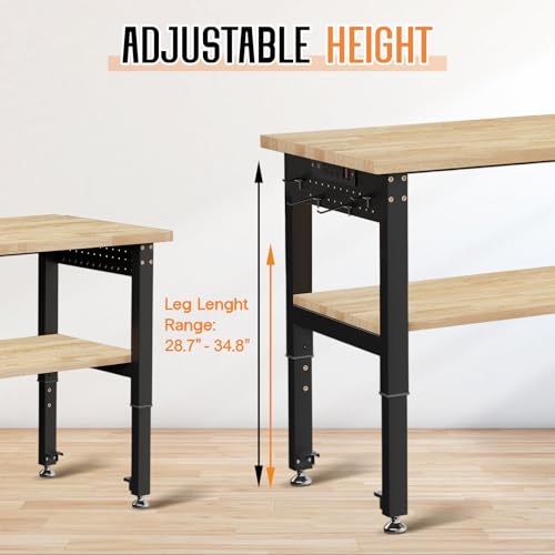 Albott 48" Adjustable 2-Tier Workbench with Solid Wood Top, Max 2500lbs Capacity, Built-in Power Strip with 4 AC Outlets & 2 USB Ports, Pegboard & 20 Hooks, Shop Garage Office