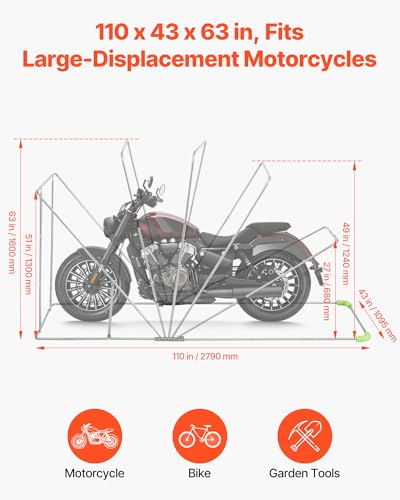 VEVOR Motorcycle Storage Shelter 110 x 43 x 63 in with Security Lock, 600D Oxford Flip-Up Garage Tent, Heavy-Duty All-Weather Motorcycle Cover Shed with 2 Side Windows, Outdoor Vehicle Shelter, Black